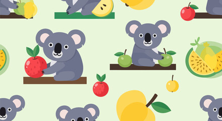 Flat design pattern of koalas and fruits on a light green background