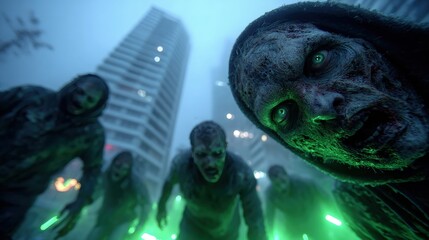 Halloween concept Zombie Apocalypse Scene Zombies lurch toward camera through city streets lit by eerie green glow sticks