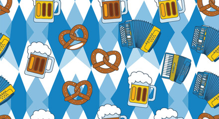 Bavarian pattern with beer mugs, pretzels, and accordions on blue diamond backdrop © masiku