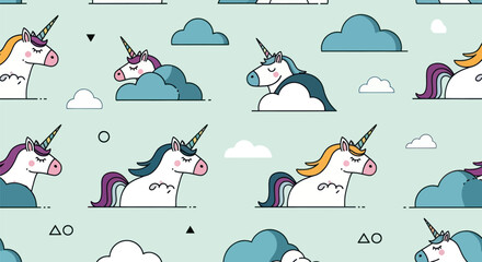 Pastel unicorn pattern with clouds and simple shapes on a light background