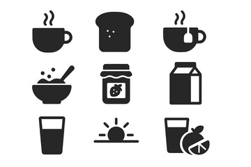 Breakfast food icon set. Solid glyph collection of morning meal symbols. Vector pictograms of coffee, tea, toast, cereal, jam, milk, and orange juice. Simple flat design elements.
