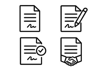 Business contract line icon set. Signing document, agreement and deal icons. Partnership, signature, approved or certified vector illustrations. Handshake symbol.