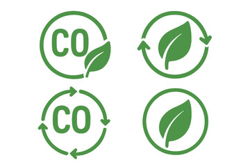 Carbon neutral stamp vector icon set. CO2 neutral green label collection. Eco friendly environment sticker illustration. Net zero emissions & climate neutral certified symbol.
