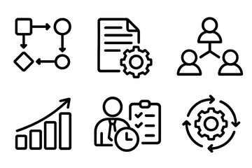 Business process and workflow icon set for productivity and efficiency. Vector symbols for management, automation, growth chart, flowchart, organization, time management.