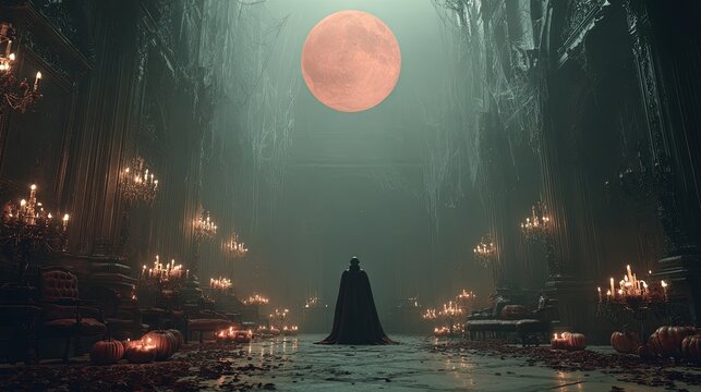Halloween scene of a vampire in a gothic castle surrounded by cobwebs candles and pumpkins with a blood-red moon