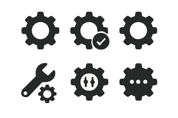 Cog icon set. Gear, settings, cogwheel symbols. Configuration, preferences, options vector sign collection. Setup, maintenance, repair and progress concepts. UI UX interface design.