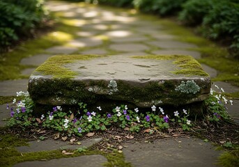Mossy stone seat nestled among wildflowers along a serene garden path invites contemplation and peaceful relaxation in