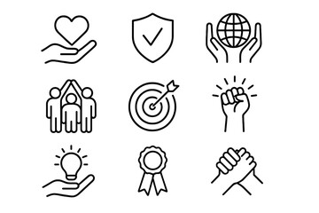 Core values icon set for business ethics, mission, vision. Company principles collection with icons for integrity, teamwork, quality, responsibility, innovation, and trust. Vector line symbols.