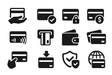 Credit card vector icon set for finance and banking. Includes icons for secure payment, contactless transaction, ATM withdrawal, money transfer, digital wallet, and online shopping.