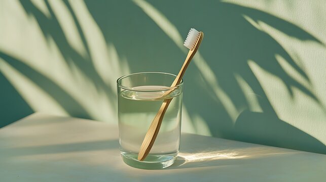 Bamboo toothbrush with eco-friendly bag on a green background.
