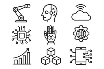 Industry 4.0 vector icon set. Digital revolution, future technology signs. Robotics, AI, big data, blockchain, cloud computing, automation, and smart factory line symbols.