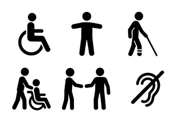Disability icon set. Solid glyph pictograms of disabled people. Wheelchair, accessibility, blind, deaf, broken leg, and assistance signs. Vector for inclusion and diversity.