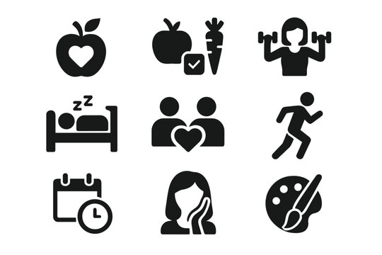 Healthy lifestyle and self-care solid icon set. Contains icons as diet, fitness, sleep, relationship, running, hobby, routine. Wellness, health, sport and work life balance. - Powered by Adobe
