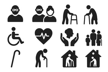 Elderly people solid icon set. Senior care, retirement, caregiver, accessibility, health, pensioner, generation, hospice, ageing, nursing home and disability vector symbols.