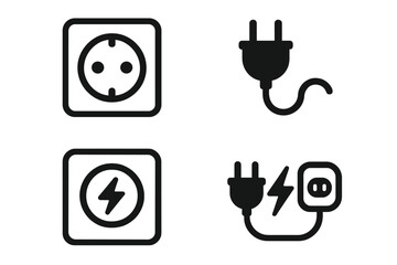 Electric plug and socket vector icon set. Power outlet, charger adapter, and energy connection symbols. Electricity, voltage and charging station graphic elements. Line icons.