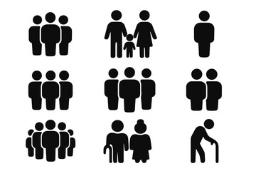 Solid glyph people icon set with human figures silhouette. Contains symbols for family, group, community, team, couple, and senior citizens. User avatar pictogram collection.