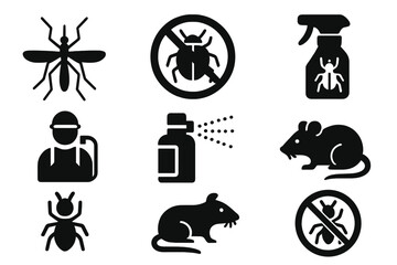 Pest control solid glyph icon set. Includes extermination, bug, insecticide spray, rodent, termite, ant, cockroach, mosquito, rat. Disinfection service vector symbol pack.