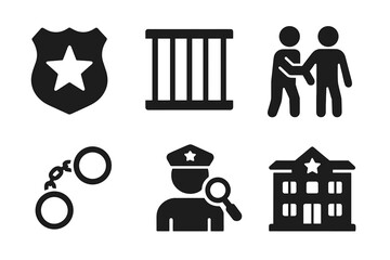 Police icon set. Law enforcement, justice and crime symbols. Vector glyph collection with badge, jail, arrest, investigation, handcuffs, and police station signs.
