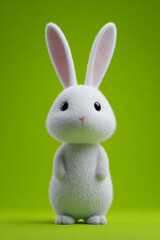 Obraz premium Cute white rabbit standing on a vibrant green background, showcasing its fluffy fur and large ears