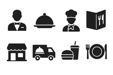 Restaurant icon set for food business and delivery service. Vector glyph symbols collection of chef, waiter, menu, dinner, fast food, storefront, and delivery truck concepts.