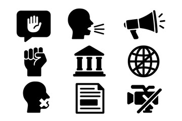 Freedom of speech icon set. Concepts of democracy, censorship, press, and human rights. Free speech, protest, activism, justice, and demonstration solid vector symbols.