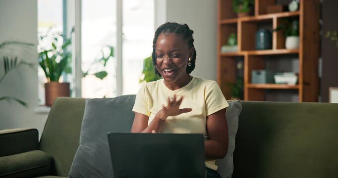 Laptop, video call and student or black woman on sofa for elearning portal, streaming or study webinar. Assignment presentation, university course and virtual class with person in living room of home