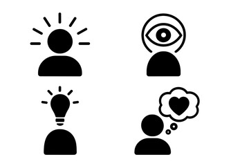 Awareness icon set vector illustration. Concepts for psychology, consciousness, mindfulness, perception, creativity, idea, empathy, feeling. Person, lightbulb, eye symbols.