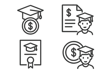 School fee icon set. Student loan, scholarship, tuition cost. Financial aid, college savings, university debt. Education investment, graduation finance vector line icons.