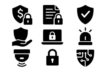 Security vector icon set. Solid glyph collection for cybersecurity and data protection. Includes secured payment, encryption, insurance, safety, password, and locked symbols.