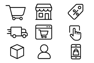 Shopping and e-commerce vector icon set. Outline collection of essential retail symbols like cart, shop, discount offer, fast delivery, online order, click, and user.
