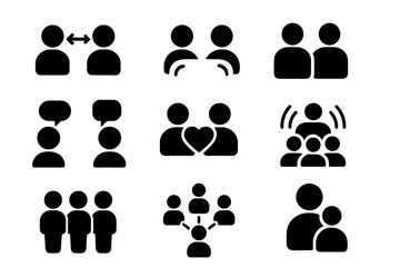 Human interaction solid glyph icon set. Communication, people, connection, friendship, chat, love, family, socializing, group, relationship, teamwork, network vector icons.