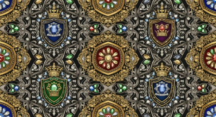 Ornamental pattern of jeweled crowns, shields, gold filigree on dark background