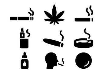 Smoking icon set collection. Vector glyphs for cigarette, cannabis, smoke, vape, cigar, ashtray, nicotine. Unhealthy habit, addiction, and smoker concept symbols.