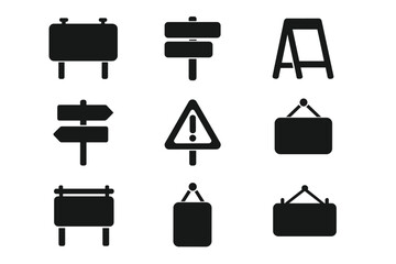Signage solid glyph icon set. Vector symbols of billboard, road sign, warning, directions, A-frame, placard, and signboard. Street advertising and navigation signs collection.