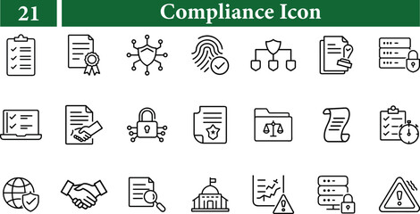 Collection of compliance icons isolated on transparent background, representing various aspects of legal and regulatory adherence, security, and documentation
