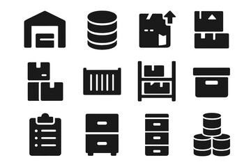 Storage icon set for logistics and inventory management. Vector glyph collection with warehouse, database, box, container, shelf, and archive symbols for supply chain apps.