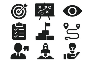 Business strategy glyph icon set. Contains goal, tactics, vision, plan, objective, roadmap, problem-solving, mission, solution, execution. Startup, success and management.
