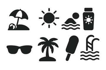 Summer holiday beach solid icon set. Vector glyphs of sun, swim, sunscreen, sunglasses, palm tree, ice cream, pool. Black silhouette symbols for vacation, travel, leisure.