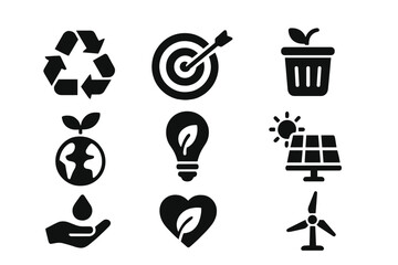 Sustainability solid glyph icon set. Vector collection of eco friendly symbols. Contains recycled, zero waste, green energy, solar panel, wind power, save water, conservation goal.