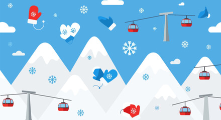 Snowy mountain scene with red gondolas, mittens, clouds, and snowflakes on blue background in flat design © masiku
