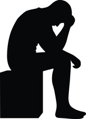 Silhouette of a man sitting with head in hands in despair isolated on white background