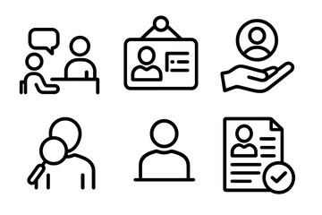 Human resources and job recruitment vector line icon set. Icons for hiring, employment, job interview, vacancy, candidate search, headhunting, and approved resume or cv.