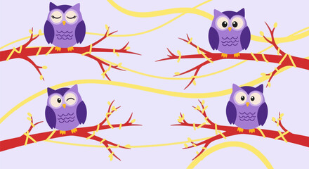 Cartoon owls on branches, yellow ribbons