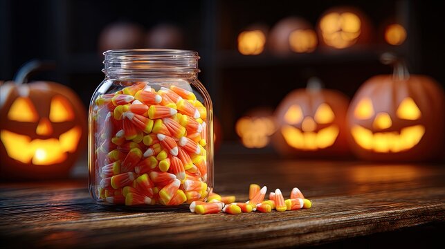 Halloween concept Creepy Candy Corn Jar An overflowing jar filled with candy corn sits on a wooden table next to glowing jack-o-lanterns