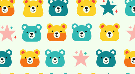 Cute pattern with cartoon bears and stars on a pale green background