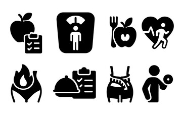 Weight loss and diet icon set. Solid glyph icons for fitness, exercise, healthy eating, nutrition, cardio, fat burning, meal plan, weight management, scale, and workout.