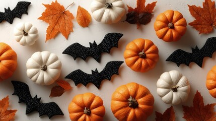 Minimalist Halloween flat lay black bats orange pumpkins autumn leaves on white background clean modern photo