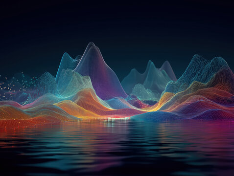 Colorful data landscape with glowing wireframe mountains reflected on water, futuristic abstract visualization with vibrant light particles