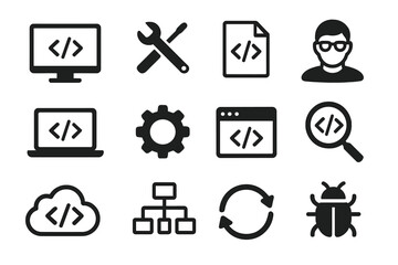 Programming coding icon set, software development symbols collection, programmer and developer vector illustration, computer code, bug, tools, cloud, and workflow icons