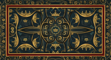 Ornate dark blue & gold surface pattern with crowns & scrolls